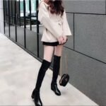 Women Knee High Boots Brown PU Wide Calf Chunky Heel  For Women