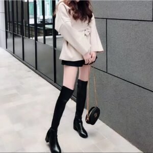 Women Knee High Boots Brown PU Wide Calf Chunky Heel  For Women